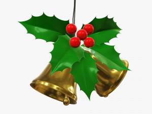 Golden christmas bells with holly berries 3D Model