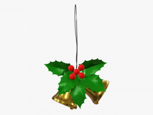 Golden christmas bells with holly berries 3D Model