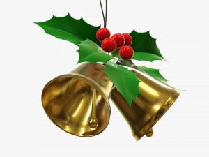 Golden christmas bells with holly berries 3D Model