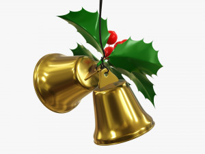 Golden christmas bells with holly berries 3D Model