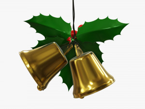 Golden christmas bells with holly berries 3D Model