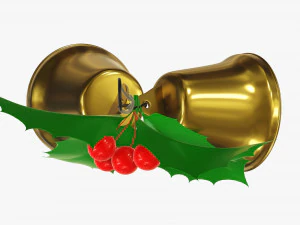Golden christmas bells with holly berries 3D Model