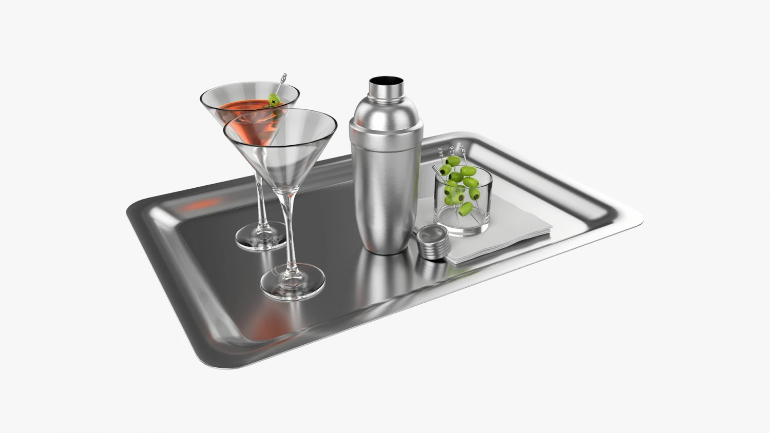 Cocktail With Shaker On Tray And Olives 3D Model .c4d .max .obj .3ds .fbx .stl .blend 