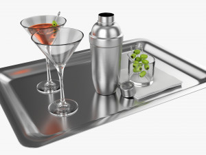 Cocktail With Shaker On Tray And Olives 3D Модель