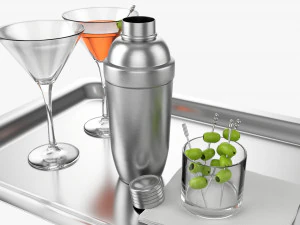 Cocktail With Shaker On Tray And Olives 3D Model