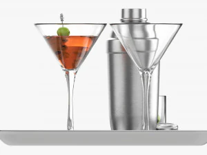 Cocktail With Shaker On Tray And Olives 3D Model