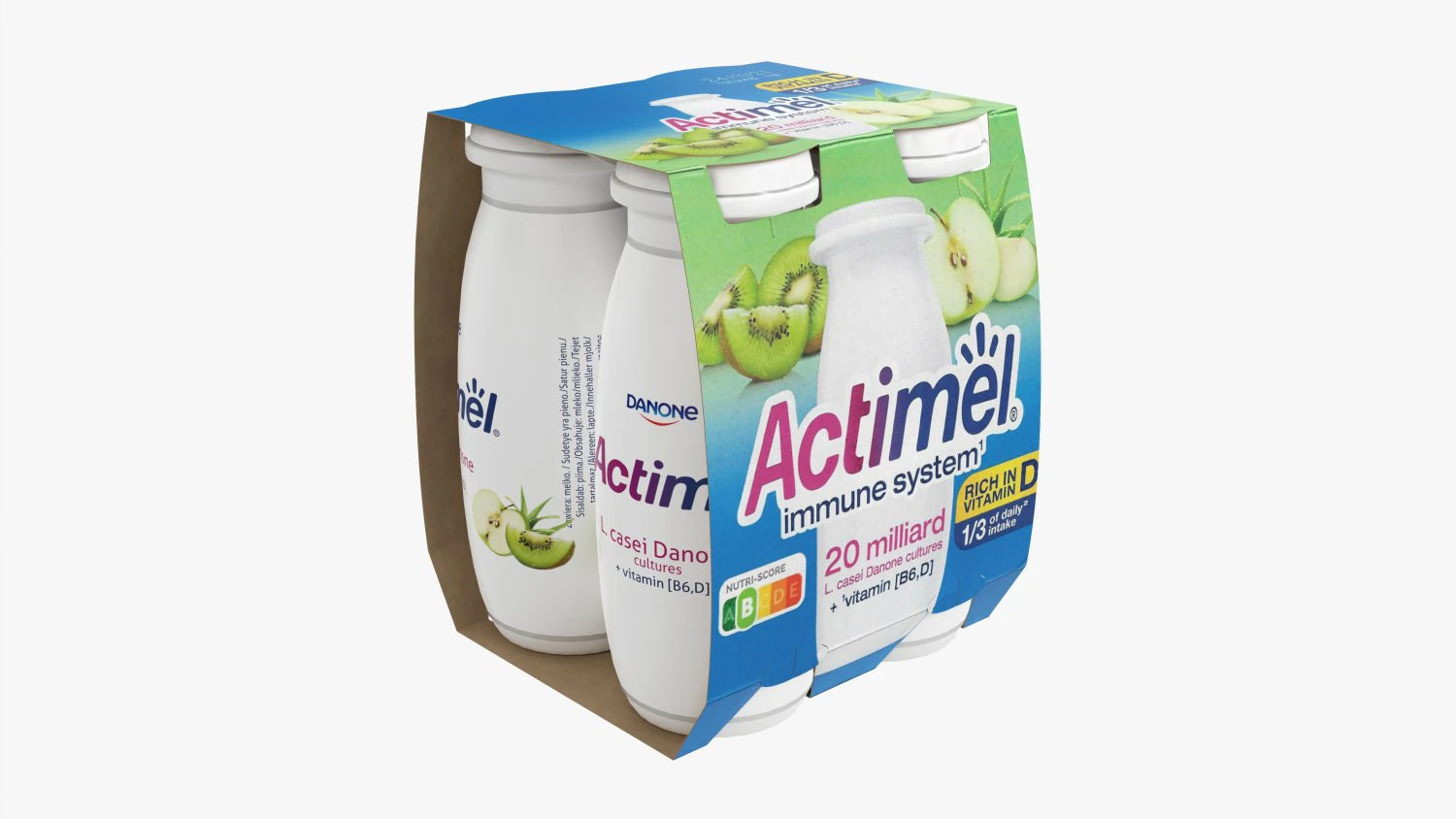 Danone Actimel Bottles 4-Pack Kiwi 3D Model .c4d .max .obj .3ds .fbx .stl .blend