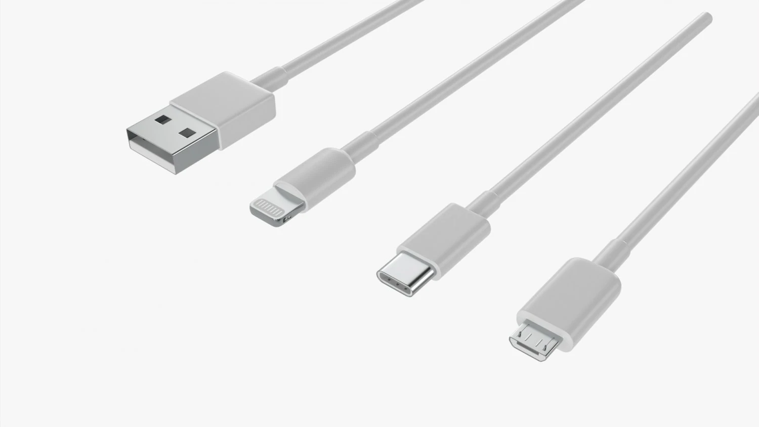 USB C Lightning Cables Set White 3D Model .c4d .max .obj .3ds .fbx .stl .blend 
