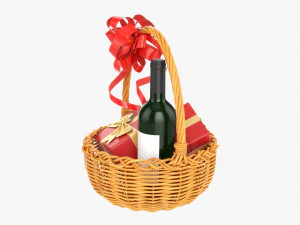 Wine Bottle In Wicker Wooden Basket 01 3D Model