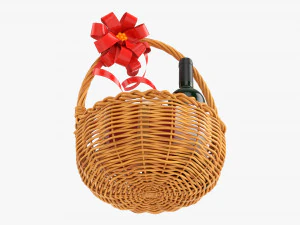 Wine Bottle In Wicker Wooden Basket 01 3D Model