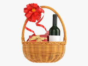 Wine Bottle In Wicker Wooden Basket 01 3D Model