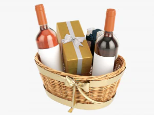 Wine Bottle In Wicker Wooden Basket 02 3D Model