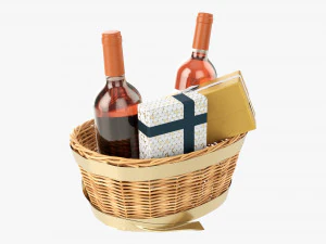 Wine Bottle In Wicker Wooden Basket 02 3D Model