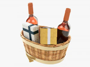 Wine Bottle In Wicker Wooden Basket 02 3D Model