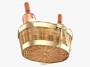 Wine Bottle In Wicker Wooden Basket 02 3D Model