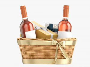 Wine Bottle In Wicker Wooden Basket 02 3D Model