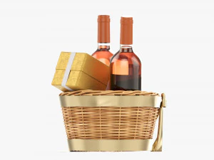 Wine Bottle In Wicker Wooden Basket 02 3D Model