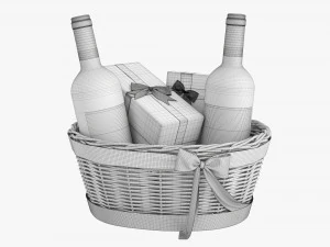 Wine Bottle In Wicker Wooden Basket 02 3D Model
