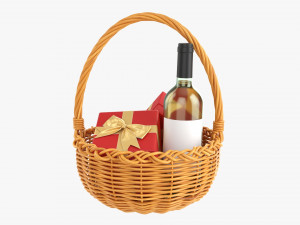 Wine Bottle In Wicker Wooden Basket 03 3D Model