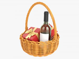 Wine Bottle In Wicker Wooden Basket 03 3D Model
