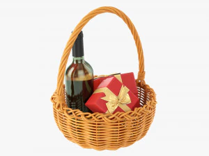 Wine Bottle In Wicker Wooden Basket 03 3D Model