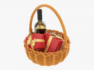 Wine Bottle In Wicker Wooden Basket 03 3D Model