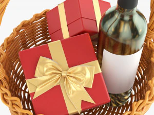 Wine Bottle In Wicker Wooden Basket 03 3D Model