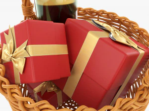 Wine Bottle In Wicker Wooden Basket 03 3D Model