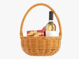 Wine Bottle In Wicker Wooden Basket 03 3D Model