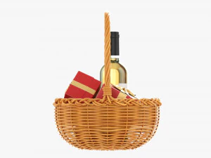 Wine Bottle In Wicker Wooden Basket 03 3D Model