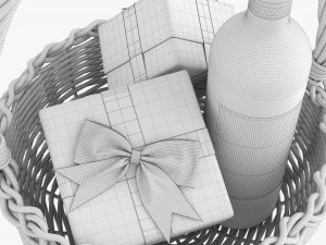Wine Bottle In Wicker Wooden Basket 03 3D Model