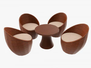 Conjunto de quatro cadeiras e mesa de vime 01 Modelo 3D