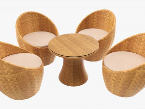 Conjunto de quatro cadeiras e mesa de vime 03 Modelo 3D