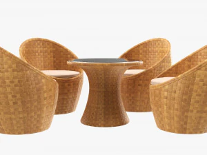 Conjunto de quatro cadeiras e mesa de vime 03 Modelo 3D