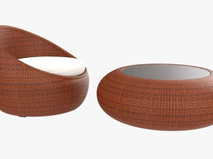 Round Wicker Table With Round Chair Set 3D Model