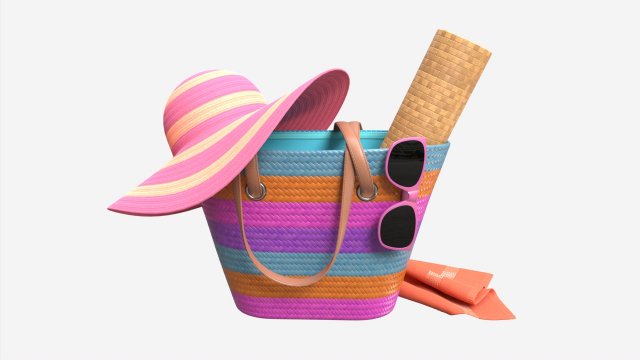 Color striped beach bag with straw hat Model 3D .c4d .max .obj .3ds .fbx .stl .blend 