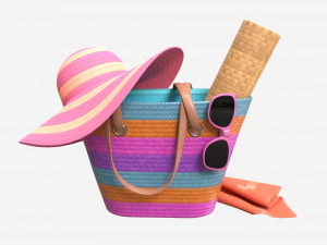 पुआल टोपी के साथ रंगीन धारीदार समुद्र तट बैग 3D मॉडल
