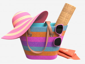 Color striped beach bag with straw hat Model 3D