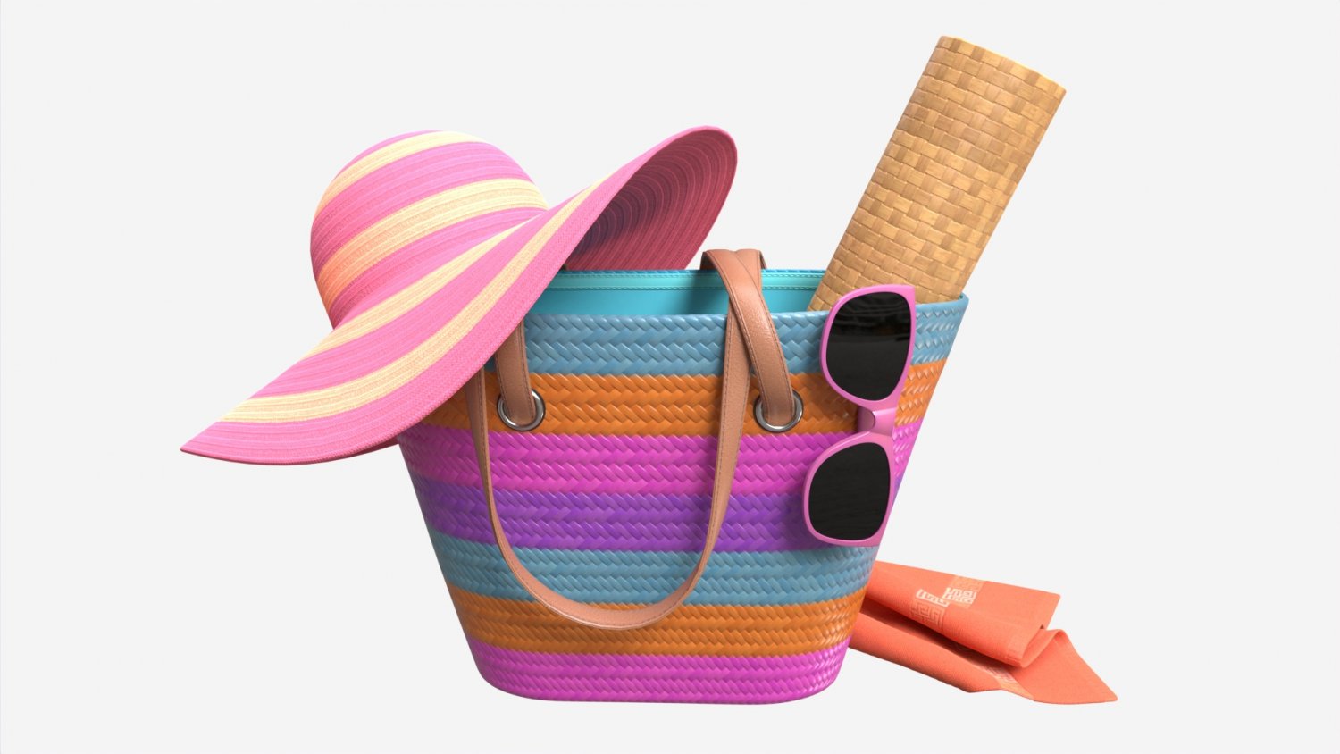 Color Striped Beach Bag With Straw Hat 3D Модель In Другое 3DExport