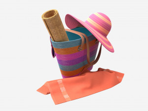 Color striped beach bag with straw hat Model 3D