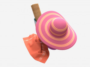 Color striped beach bag with straw hat Model 3D