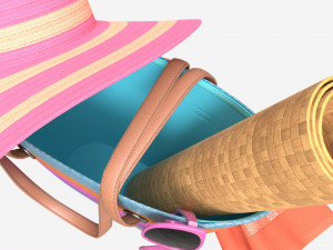 Color striped beach bag with straw hat Model 3D