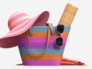 Color striped beach bag with straw hat Model 3D