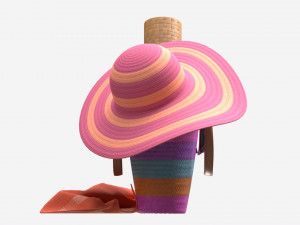 Color striped beach bag with straw hat Model 3D