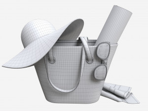 Color striped beach bag with straw hat Model 3D