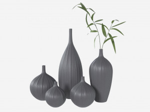 Ceramic dark vase set with plants 3D Model