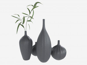 Ceramic dark vase set with plants 3D Model