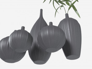 Ceramic dark vase set with plants 3D Model