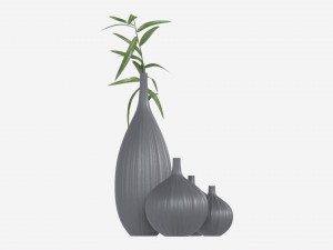 Ceramic dark vase set with plants 3D Model