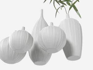 Ceramic white vase set with plants Modelo 3D